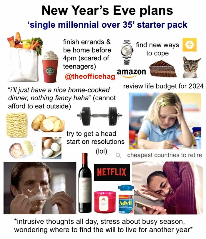 A humorous compilation of memes portraying the struggles of employees over 35 planning their New Year’s Eve.