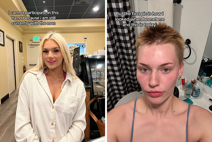 Person in a white shirt smiling in one image, with short hair in another, showing appearance change single vs. relationship.