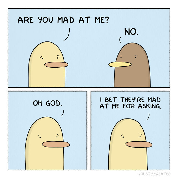 Comic of two cartoon birds reflecting on social anxiety and friendship.