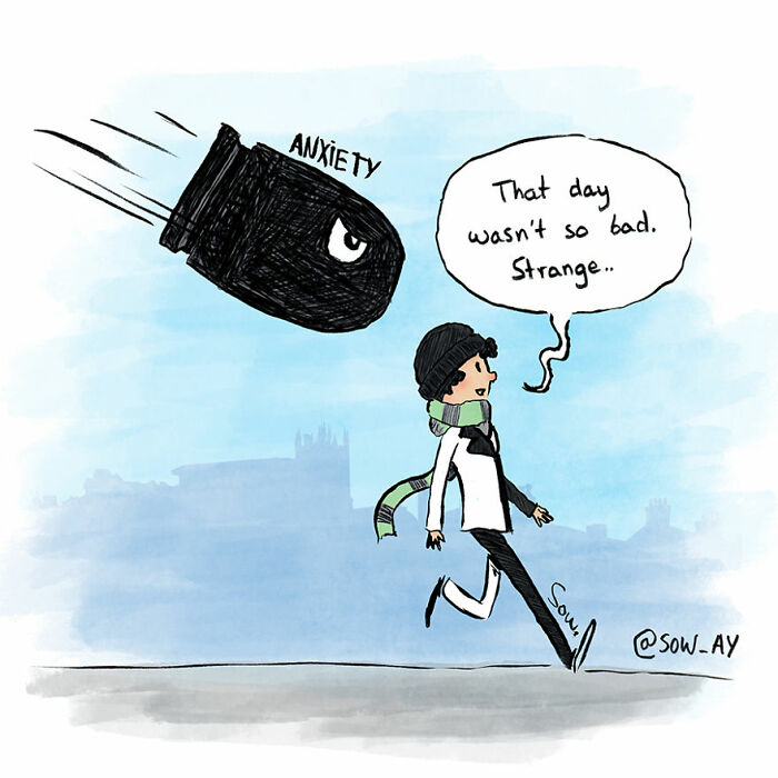 Comic showing a person unaware of a large, angry anxiety b**b flying toward them, illustrating dark twist humor.