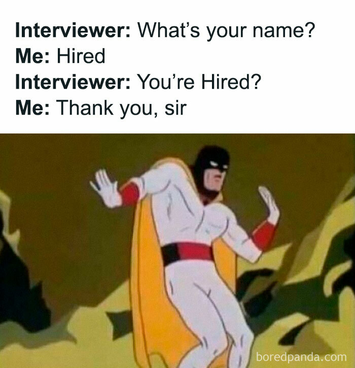 Random meme with a job interview joke. Animated character poses humorously in a superhero costume.