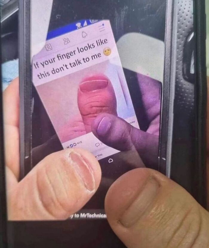 A funny image of a thumb resembling a finger with text overlay, shared on an Instagram account.