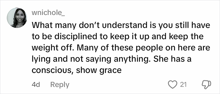 Comment from a user discussing discipline to maintain weight loss and calling out dishonesty among fitness influencers. Comment from a user discussing discipline to maintain weight loss and calling out dishonesty among fitness influencers.