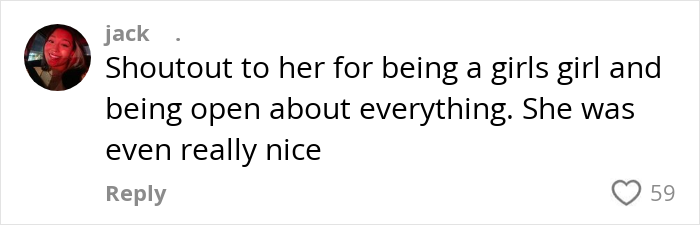 Comment praising a woman's openness amidst a cheating scandal, with 59 likes.