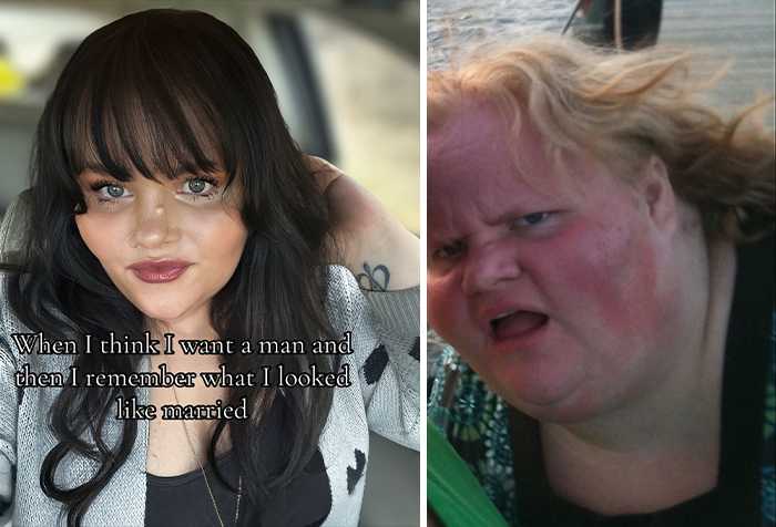 Comparison of two photos showing a woman single vs. in a relationship with humorous text overlay.