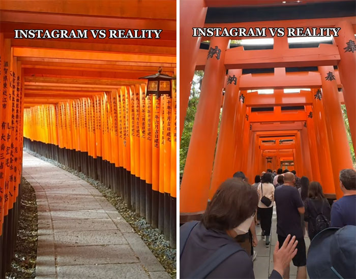 "Torii gate walkway with no people vs crowded path, highlighting Instagram vs Reality humor."