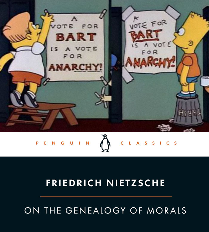 Two cartoon characters posting signs for Bart, referencing Friedrich Nietzsche's "On the Genealogy of Morals."