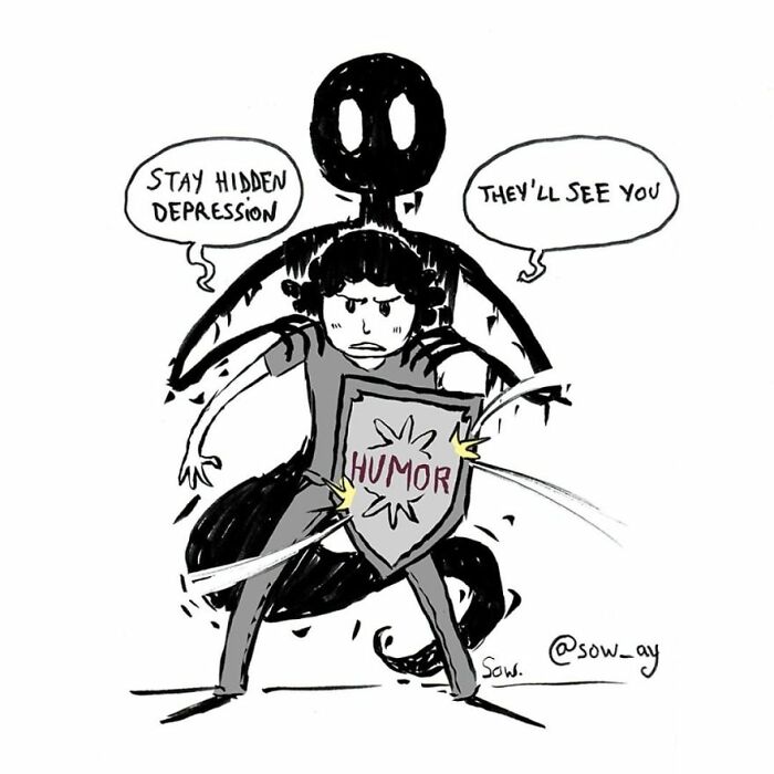 Comic showing a person using humor as a shield against a dark figure labeled depression in a dark twist comic.