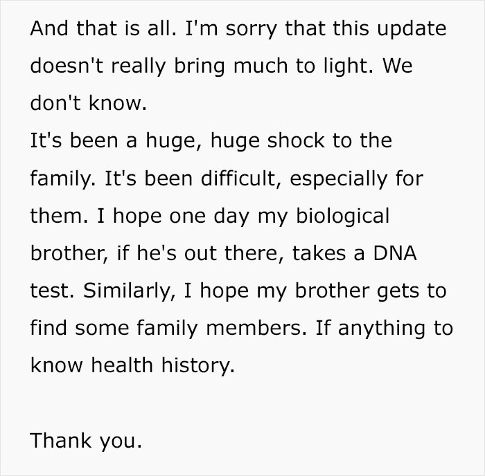 Text message expressing shock at unexpected family DNA results, reflecting on identity and family connections.