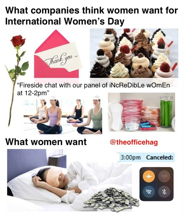 Work memes contrasting company expectations and actual desires for International Women's Day gifts.
