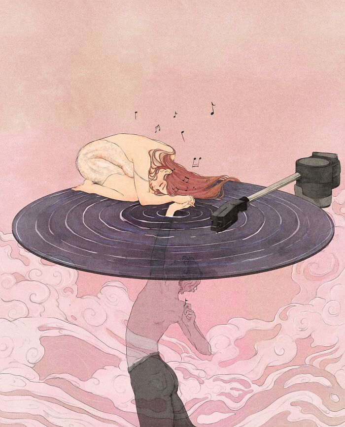 Surreal Giulia Rosa illustration of a person curled on a record player with emotional music notes, evoking deep emotions.