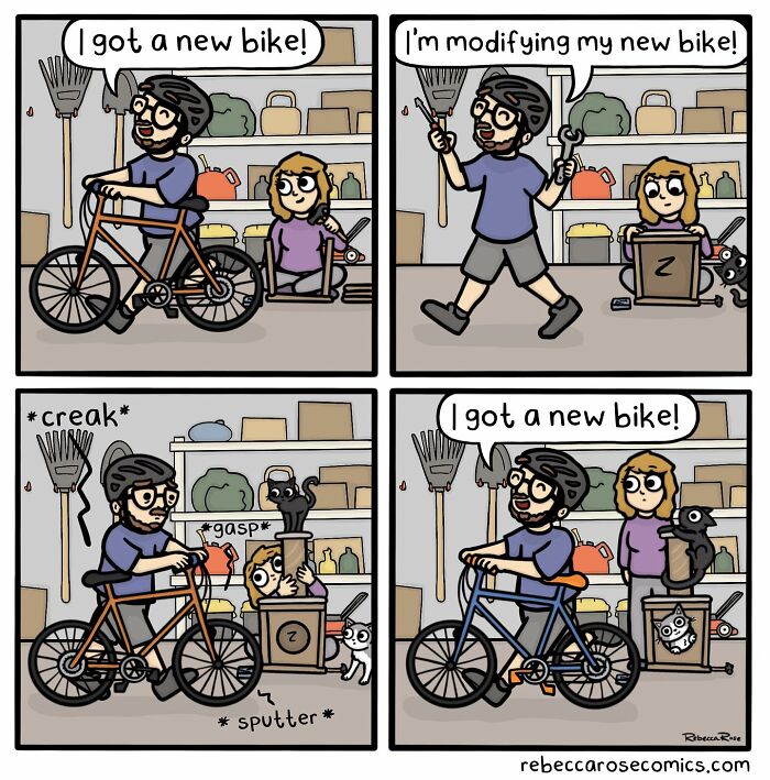 Cartoonist humorously depicts everyday awkwardness through a relatable comic about a man and his new bike.