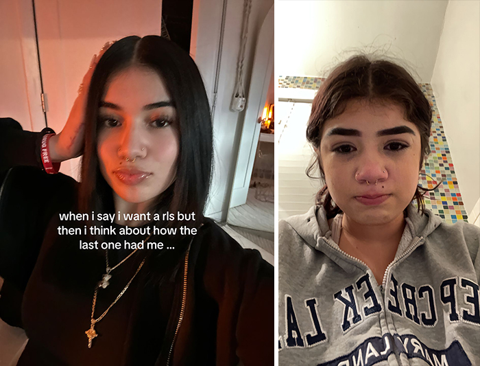 Person showing contrast in appearance when single vs. in a relationship with different clothing and expressions.