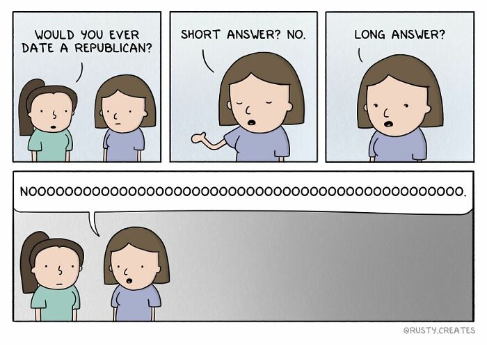 Two characters in a comic discussing if they would date a Republican, humorously highlighting everyday life situations.