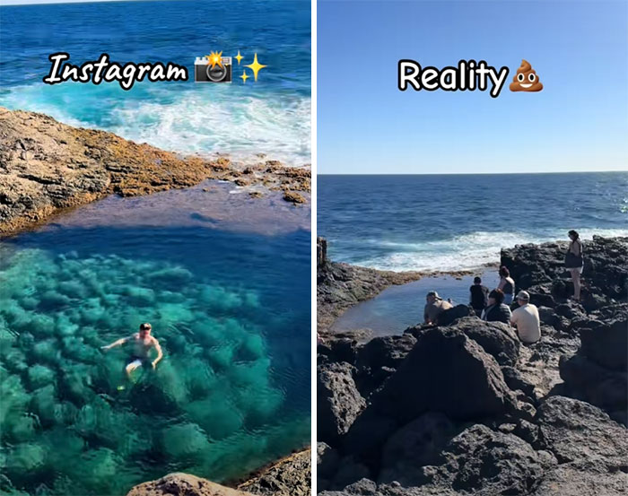 "Comparison of beach photos showing the difference between Instagram and reality with people on rocky shore."