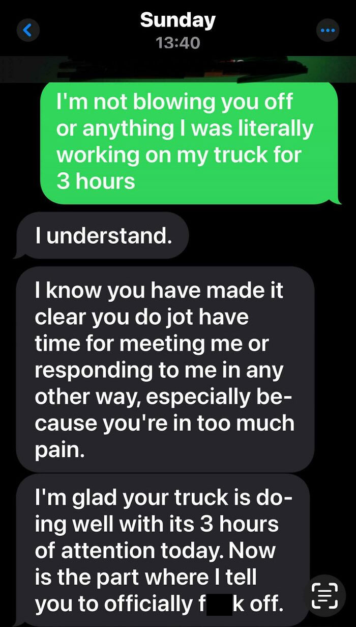 Text exchange showing a disagreement over priorities and time management.