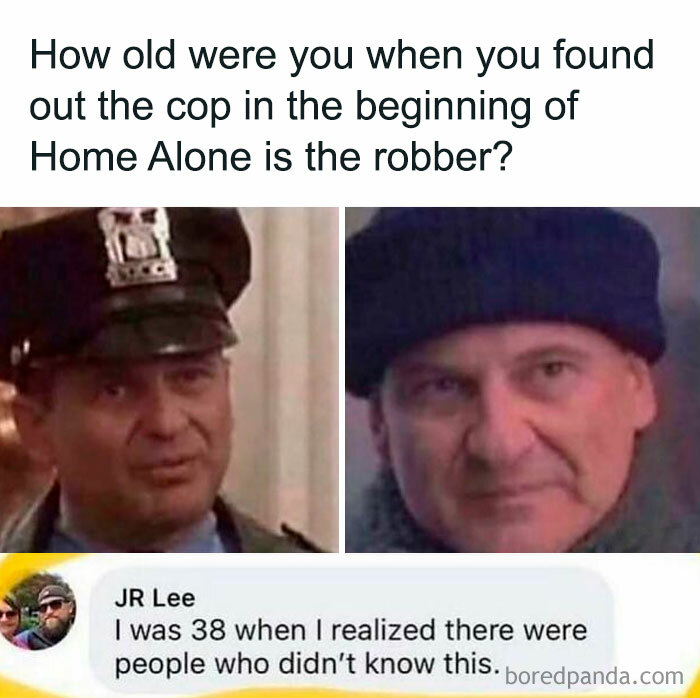 "Funny meme highlighting the surprise reveal about the cop's identity in Home Alone."