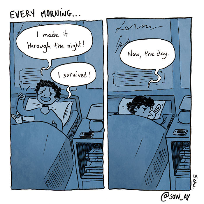 Person waking up in bed, feeling relieved in a dark twist comic about surviving the night and facing the day.