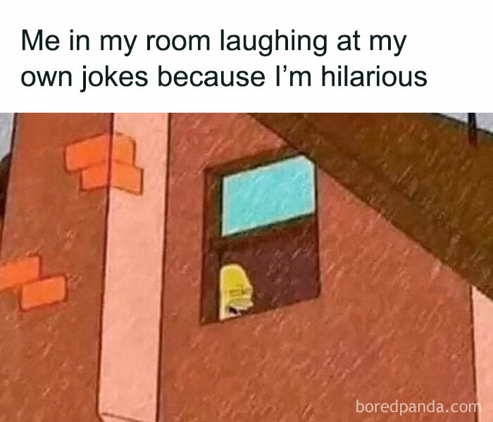 Cartoon character peeking out of a window, illustrating a funny meme about finding personal jokes hilarious.