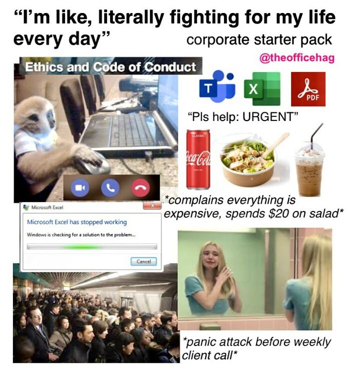 Corporate life struggles meme featuring a busy office setting, Excel crash, and stressed employee moments.