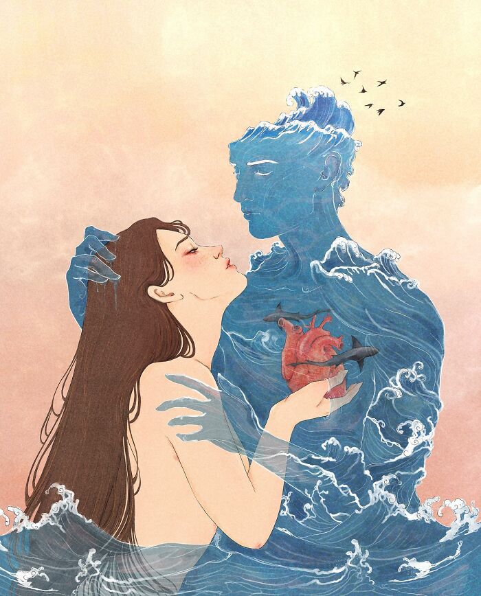 Dreamlike illustration by Giulia Rosa, depicting a woman embracing a wave-formed figure, conveying unspoken emotions.