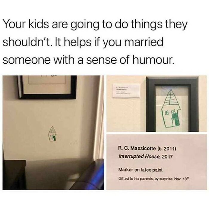 Parenting meme showing a child's drawing on the wall, humorously framed with a description.