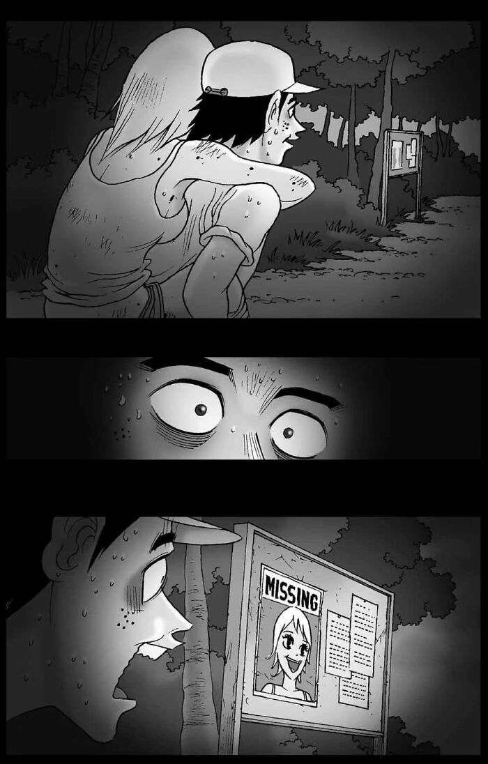 Comic scene from DarkBox Comics showing a character's shocked expression and a "Missing" poster in a forest.
