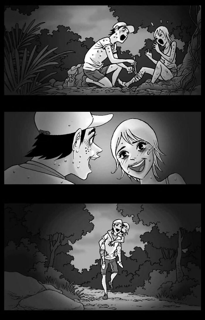 Comic strip with two characters experiencing a tense moment in the woods, showcasing silent horror narratives.