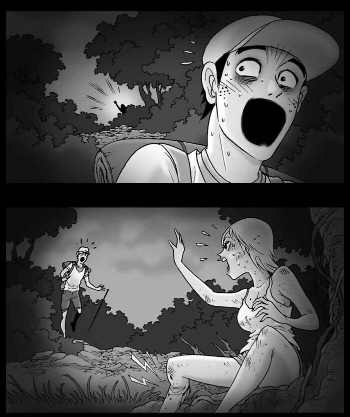 Comic panel from DarkBox Comics showing a hiker shocked by a terrified woman in the forest. Silent horror intensity.