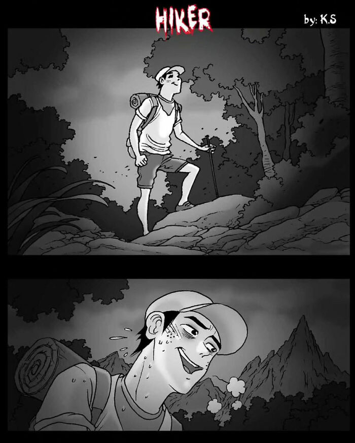 Comic strip depicting a hiker in a forest, showcasing a silent horror story by DarkBox Comics.