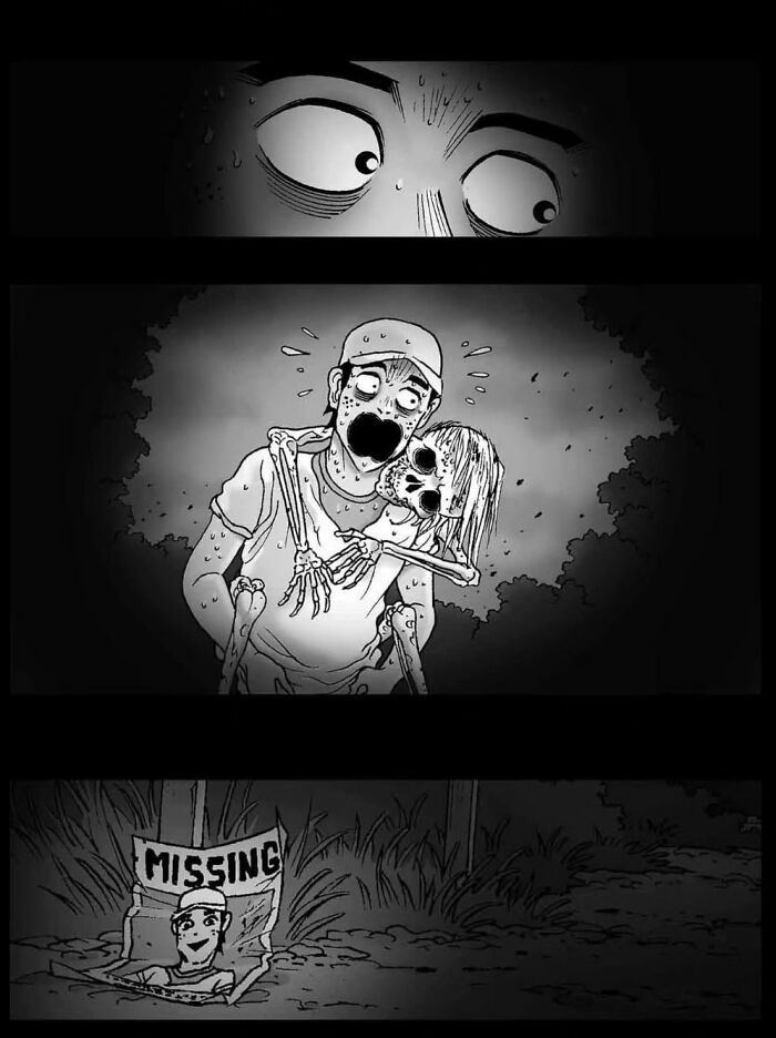 A terrified character encounters a skeletal figure in a forest with a missing person poster, from DarkBox Comics' horror stories.