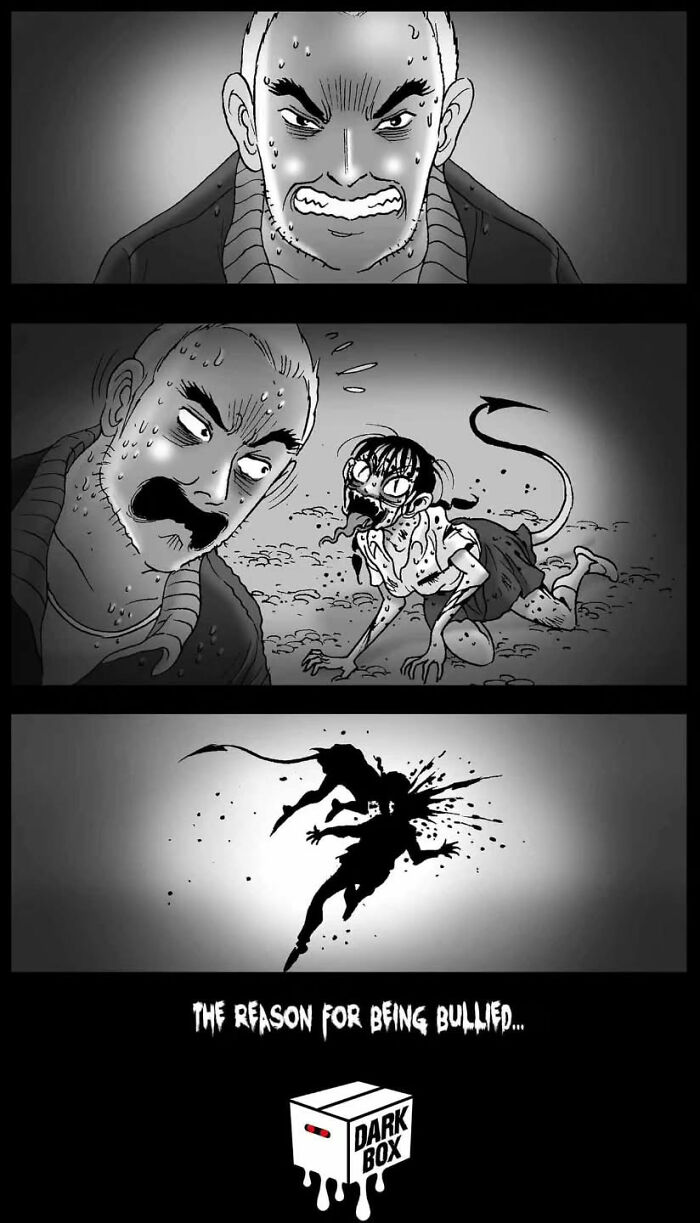 Silent horror story scene by DarkBox Comics, depicting a tense, eerie transformation and confrontation.