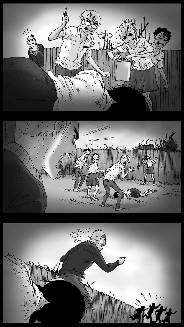 DarkBox Comics scene: students confront a large figure, tension builds in a silent horror story.