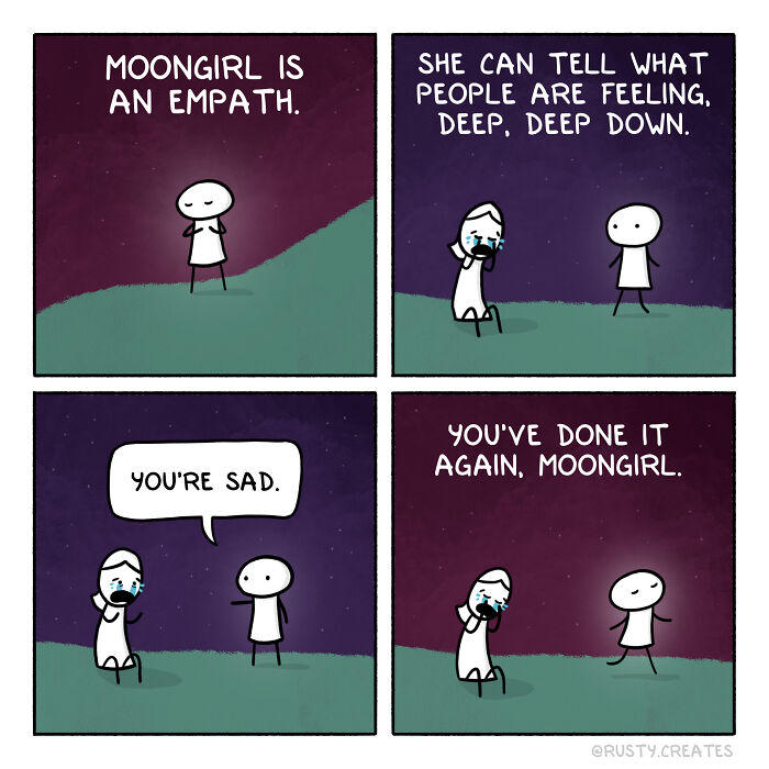 Comic by Bored Panda artist shows Moongirl, an empath, humorously sensing emotions in everyday life.