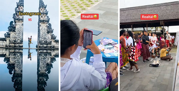 Insta vs. reality: a staged photo vs. candid shots at a popular tourist spot.