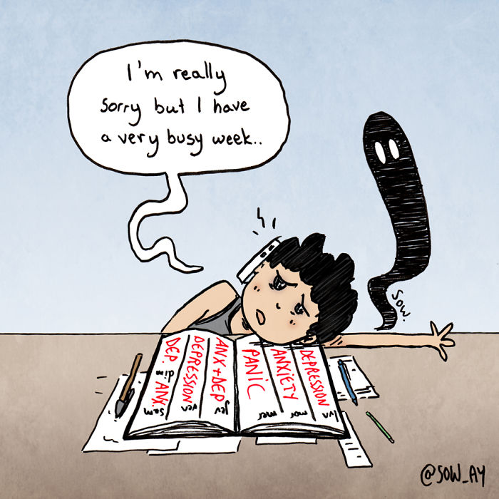 A comic of a tired person with anxiety and depression notes, featuring a dark shadow, illustrating dark twist humor.