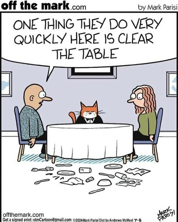 Cartoon of a cat seated at a dining table with dishes on the floor, humorously capturing cat life dynamics.