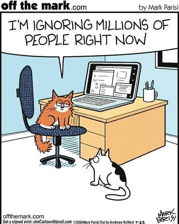 Cartoon of cats, one on a chair humorously "ignoring millions" next to a laptop, capturing life with a cat.