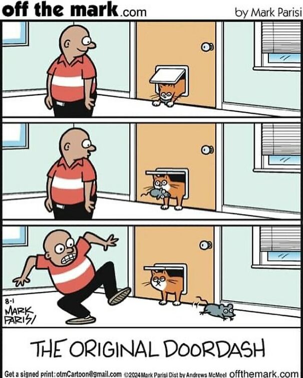 Cartoon by Mark Parisi showing a cat using a pet door to bring a mouse inside, titled "The Original DoorDash."