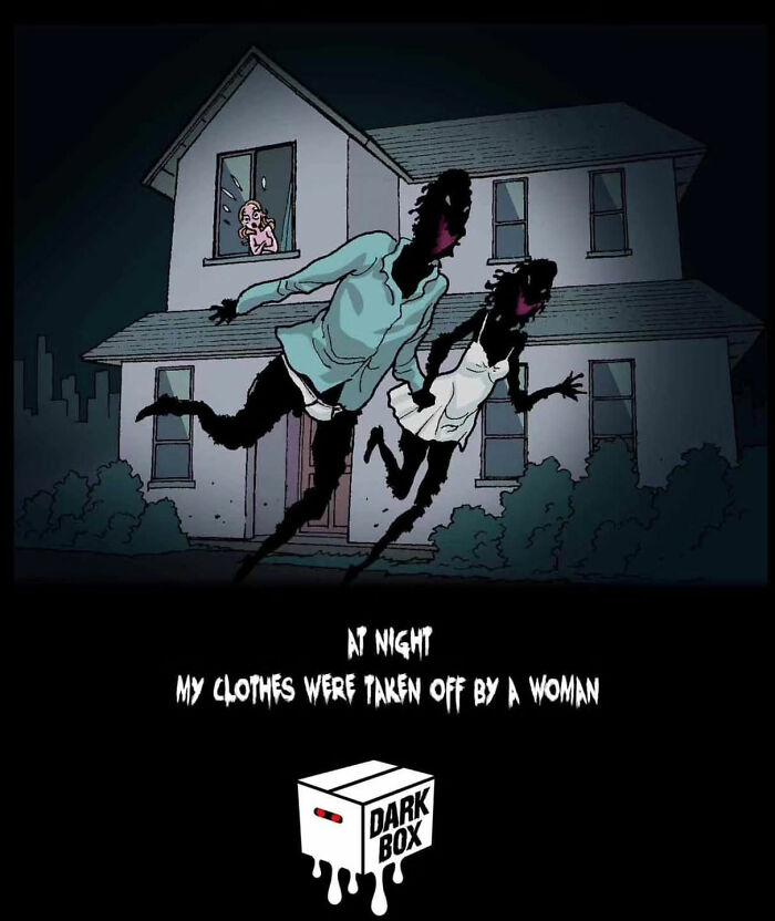 DarkBox Comics scene with shadowy figures fleeing a house at night, leaving someone surprised at the window.