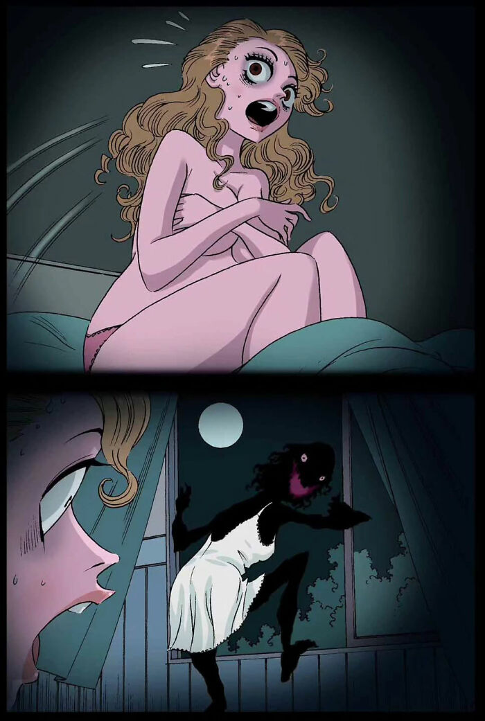 Terrified woman in bed sees a shadowy figure at the window under moonlight, from DarkBox Comics' silent horror stories.