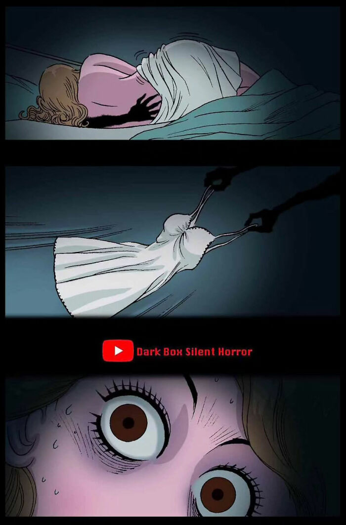 Drawing from DarkBox Comics shows a terrified woman in bed, pulled by dark hands.