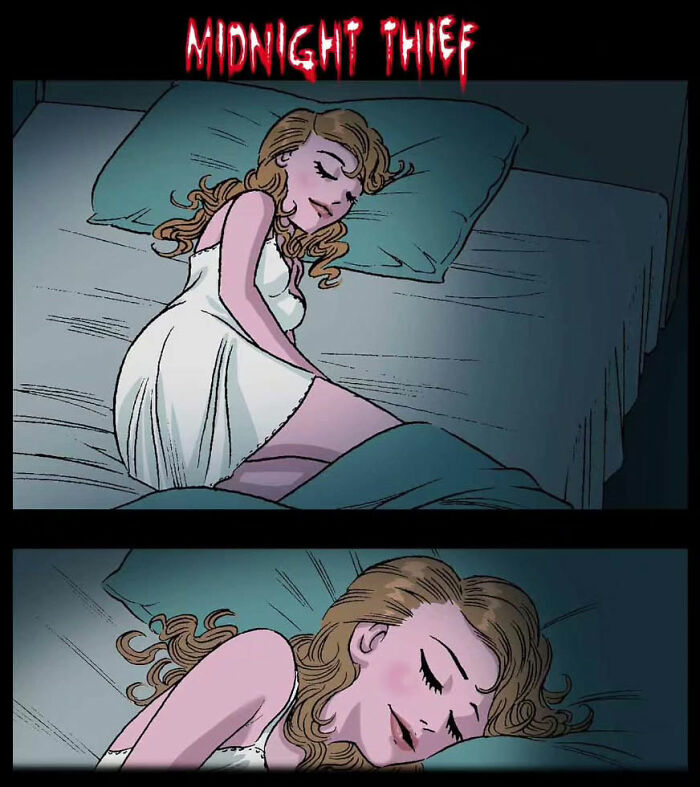 Sleeping woman in a white dress, part of a silent horror story by DarkBox Comics called "Midnight Thief".
