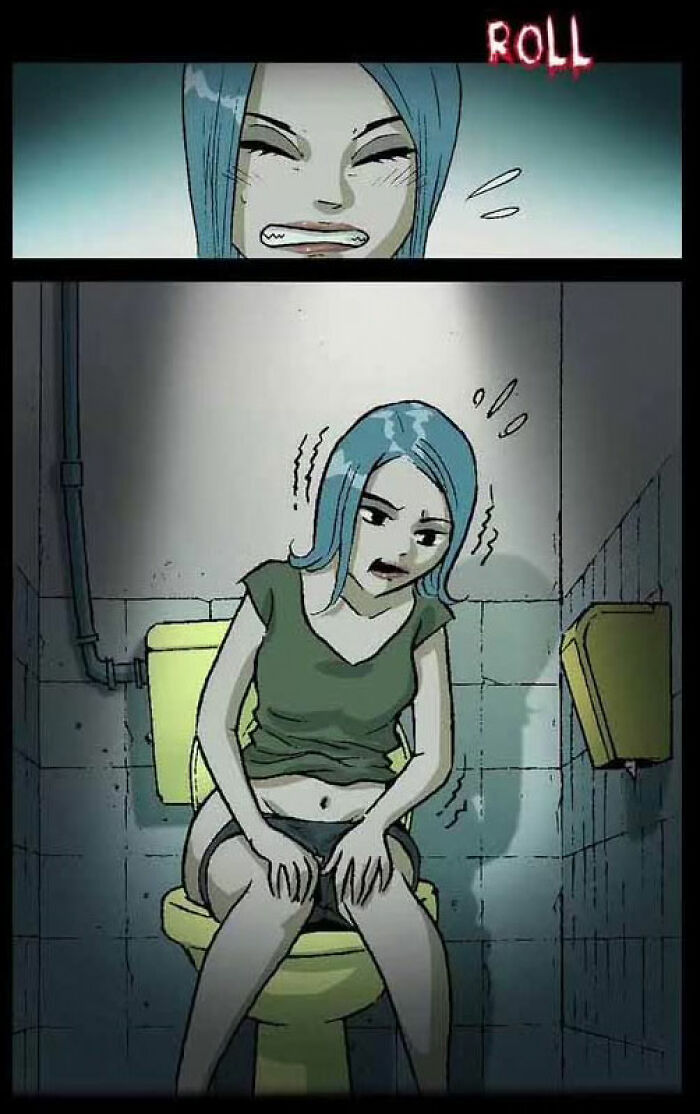 Comic panel from DarkBox Comics, woman with blue hair on toilet, anxious expression.