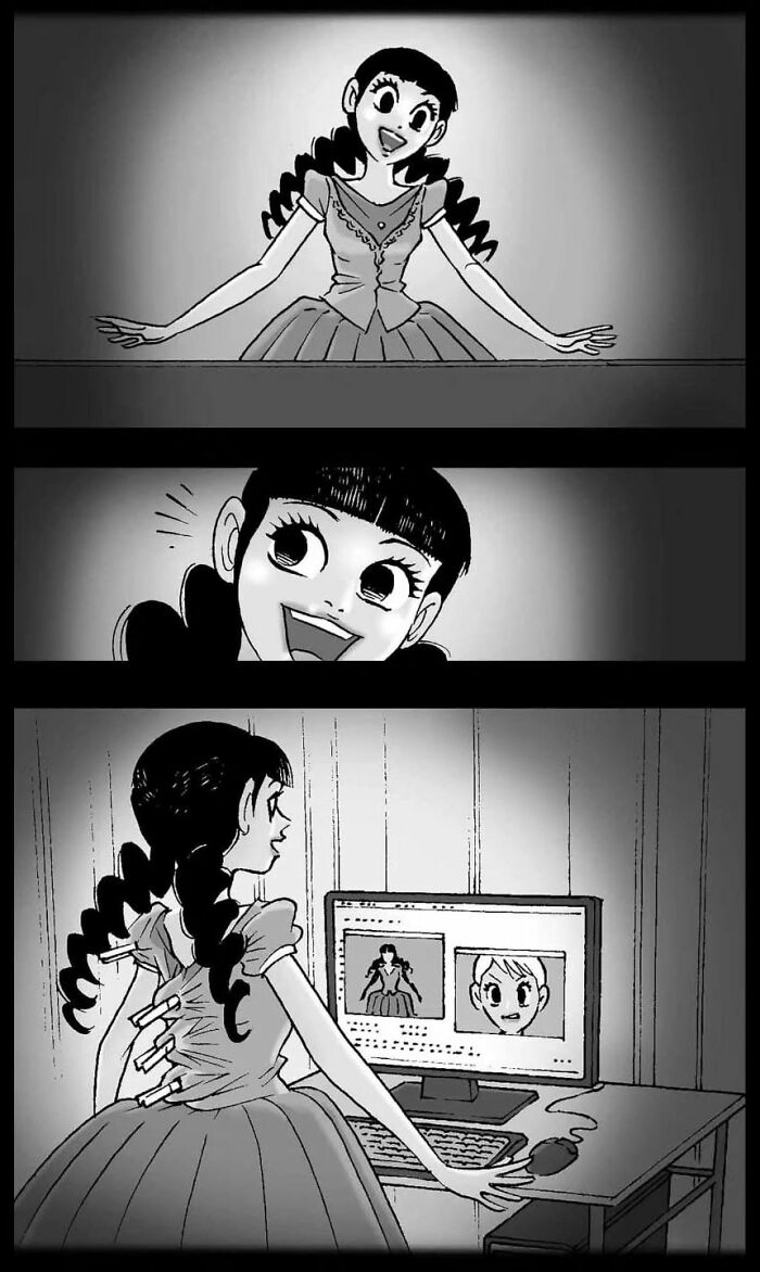 Girl in a dress with extra hands looking at a computer, from DarkBox Comics horror stories.