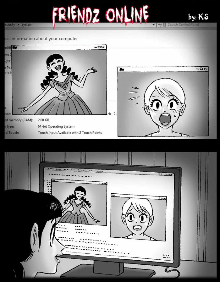 Comic showing a frightened girl on a computer screen, part of a silent horror story by DarkBox Comics.