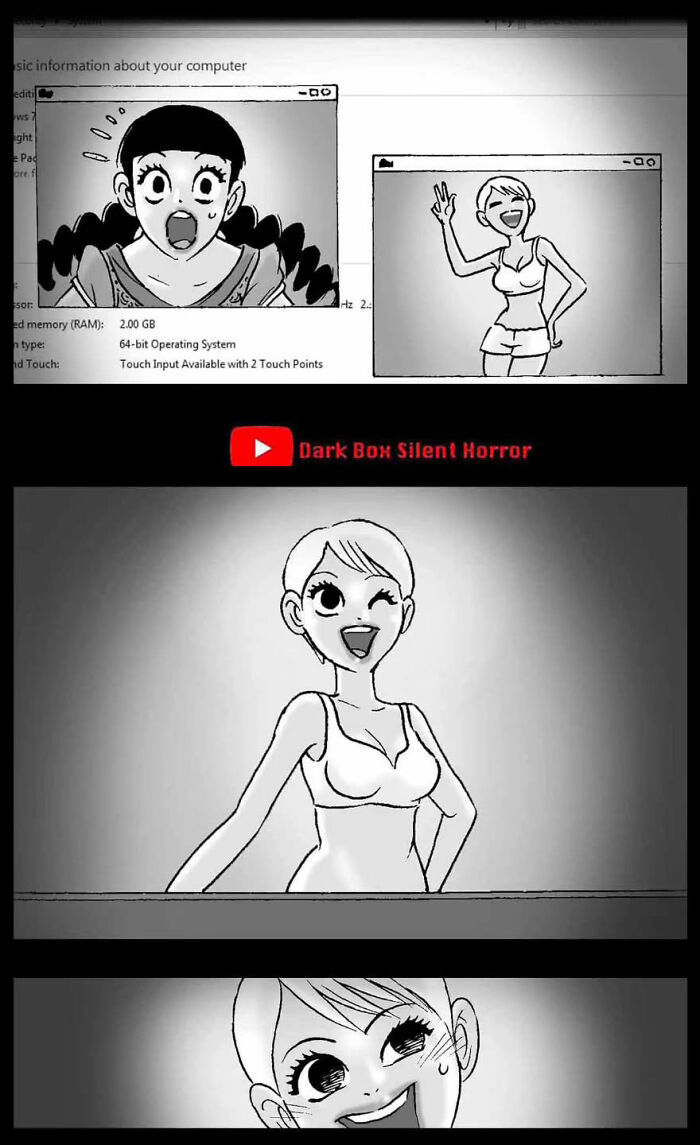 DarkBox Comics silent horror illustration showing a surprised and smiling character in computer windows.