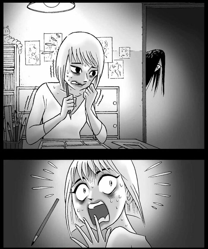 Woman drawing nervously at a desk, unaware of a ghostly figure peeking from the door. Silent horror story illustration.