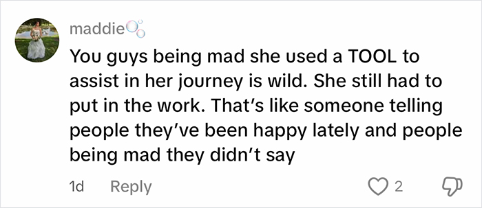 Comment from a fitness influencer's fan defending her weight loss journey, addressing criticism about her methods. Comment from a fitness influencer's fan defending her weight loss journey, addressing criticism about her methods.