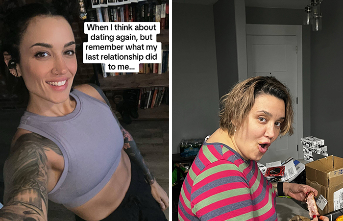 Person showing contrast: smiling single vs. casual relationship look, highlighting change in mood.